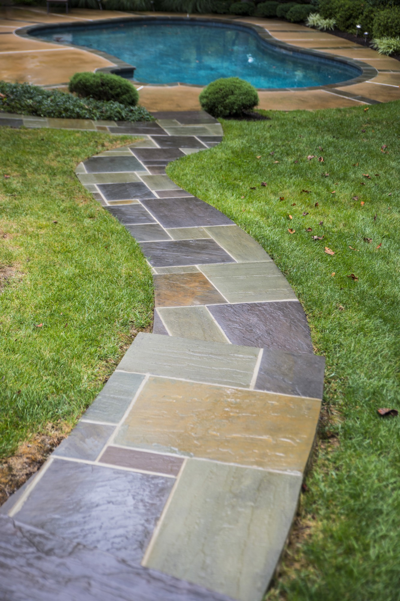 Flagstone walkway beside a backyard pool in Northern Virginia